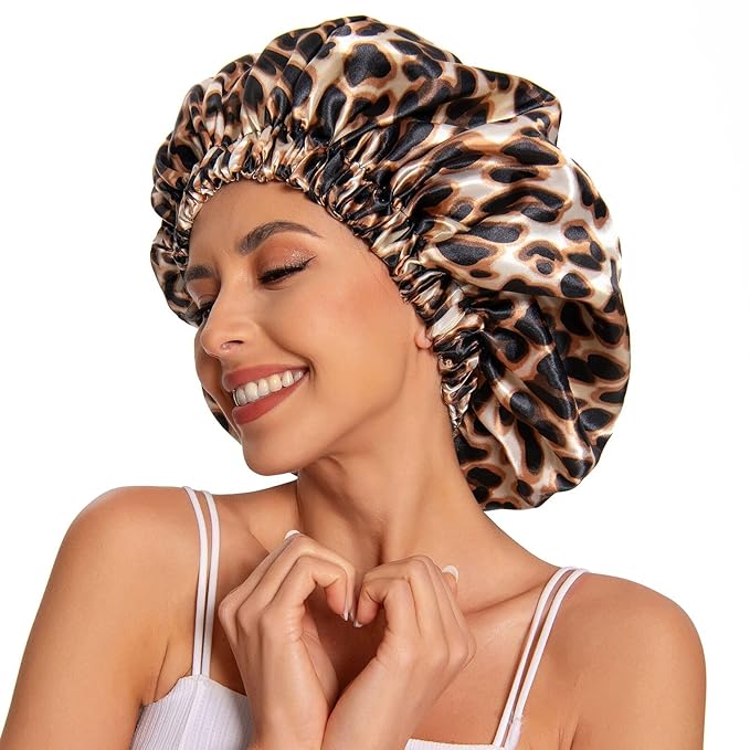 Satin Bonnet Silk Bonnet Hair Bonnet for Sleeping-Slouchy Beanie Hat Satin Sleep Cap for Women's Natural & Curly Hair(Black&Leopard)