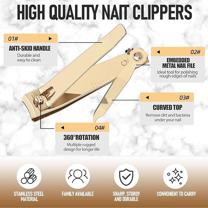 Nail Clipper Set, Sturdy Stainless Steel Fingernails & Toenails Clippers & Nail File, Sharp Effortless Fingernail Toenail Trimmer, Portable Nail Cutter for Women Men（Golden）