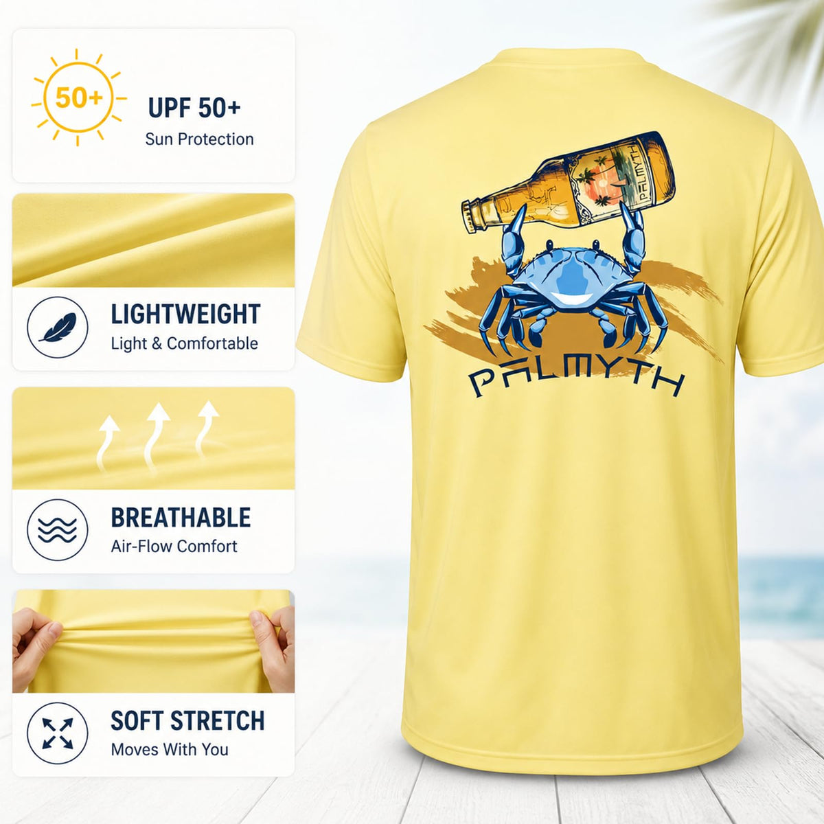 Palmyth Men's Fishing Shirt Short Sleeve Sun Protection UV UPF 50+ SPF T-Shirt (Yellow/Crab, XL)