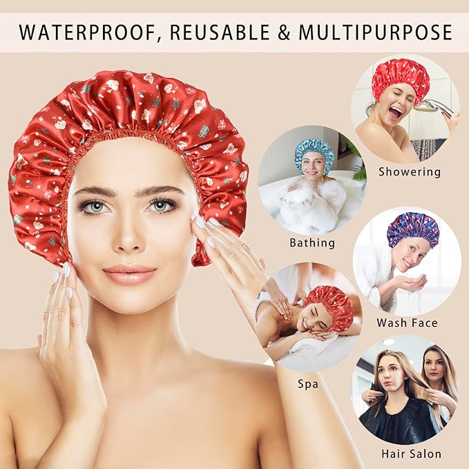4 PCS Shower Cap for Women, Elastic and Reusable Bath Caps, Double Layers Shower Caps Reusable Waterproof, Bathing Shower Caps, Environmental Bath Hair Protection Cap - Chrismas Pattern