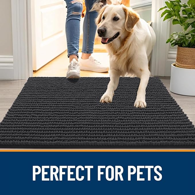 OLANLY Dog Door Mat for Muddy Paws 47x17, Ultra Absorbent Chenille Mud Doormat, Non-Slip Washable and Dirt Trapping Doormat for Indoor Entryway, Quick-Dry Indoor Pet Bed Mats for Dogs, Dark Grey