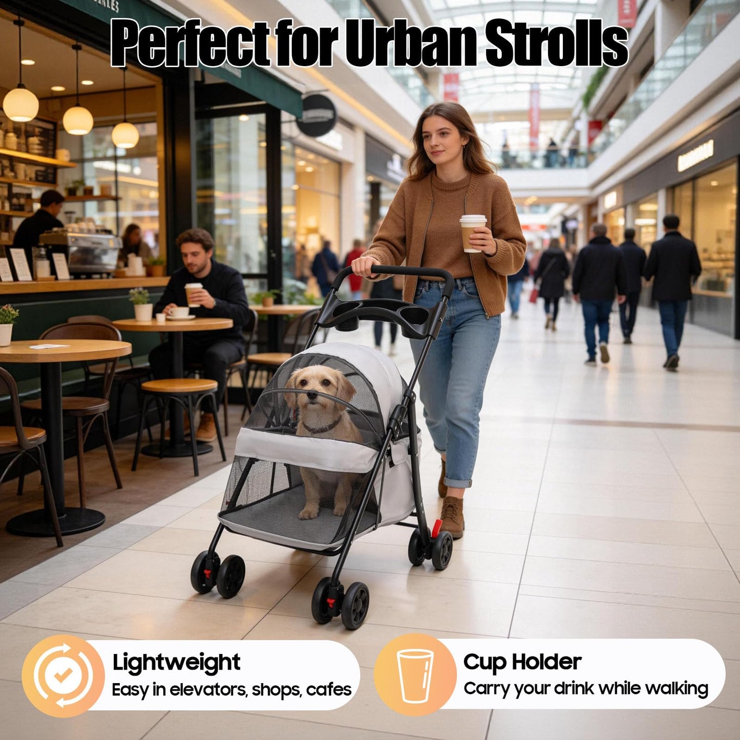 Pet Stroller for Small Medium Dogs Cats, Lightweight Foldable Pet Wagon with 360° Front Wheels & Brake, 40 lbs Capacity Carrier for Park Travel Shopping, Breathable Mesh Basket (Light Gray)