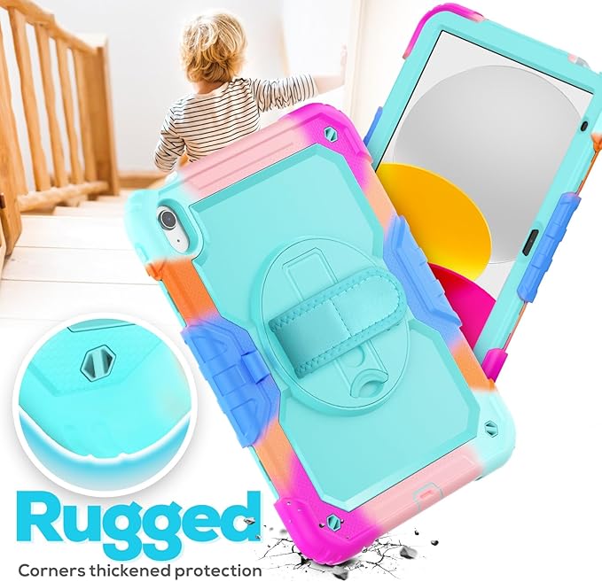 BLOSOMEET iPad Case for 11th/10th Generation 11''/10.9'' with Tempered Glass Screen Protector, Full Body Dropproof iPad Cover 2025/2022 with Stand Pen Holder & Hand Shoulder Strap, Turquoise