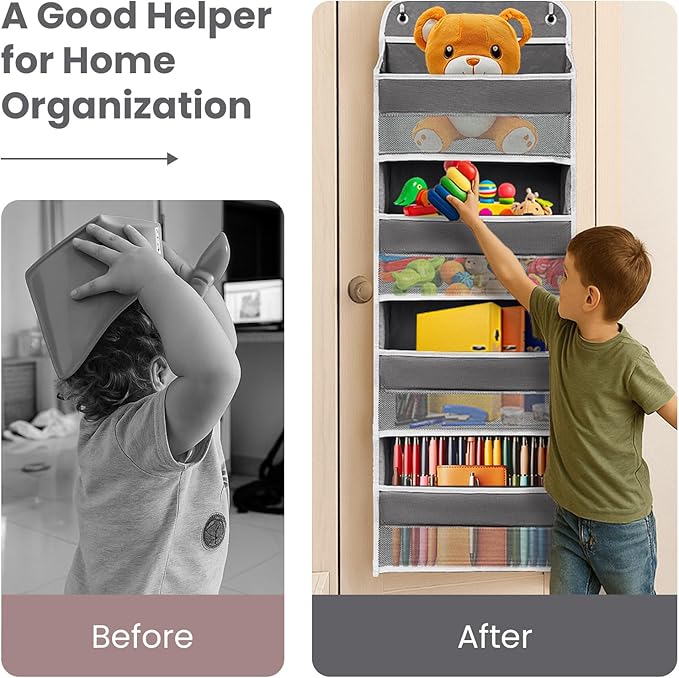 Over The Door Organizer with LifetimeWarranty, 4 Shelves & 4 Side Pockets, Large Storage Rack Holds 44lb, Heavy-Duty Reinforced Mesh Shelf for Bathroom, Closet, Toy Organization, Shoes, Towels, Grey
