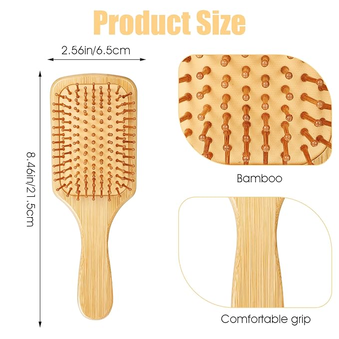 10 Pcs Bamboo Hair Brush, Bulk Round-tipped Bamboo Bristles Detangling Brush Paddle Lightweight Massage Anti Static for Women Men and Children, Stimulates Scalp for Hair Growth (Small, Count, 10)