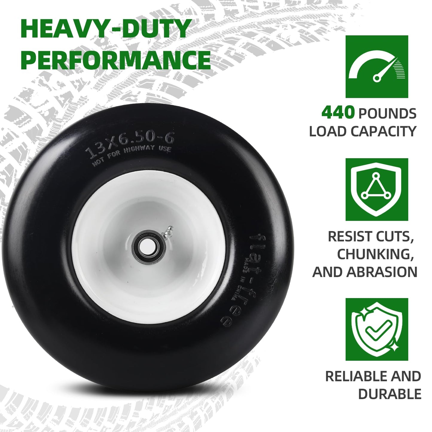 AR-PRO (2-Pack) 13x6.50-6 Flat Free Tire and Wheel - Universal 13x6.5-6 Solid Rubbe Riding Lawn Mower Tire with Rim - With 5.5"-7.8” Centered Hub and 3/4" Bearings extra 5/8" 1/2” Bushings