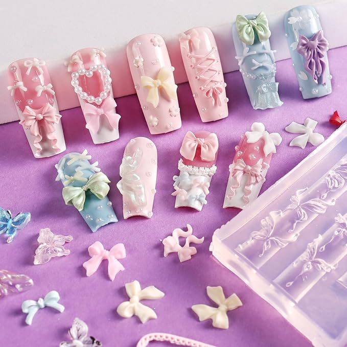 Laza 4pcs Bowknot Silicone Nail Art Molds, 3D Multiple Shapes Ribbon Lace Bows Charms Silicone Nail Accessories with Carving Pen Resin Nail Art Mold Manicure Tools for Women DIY Manicure Design