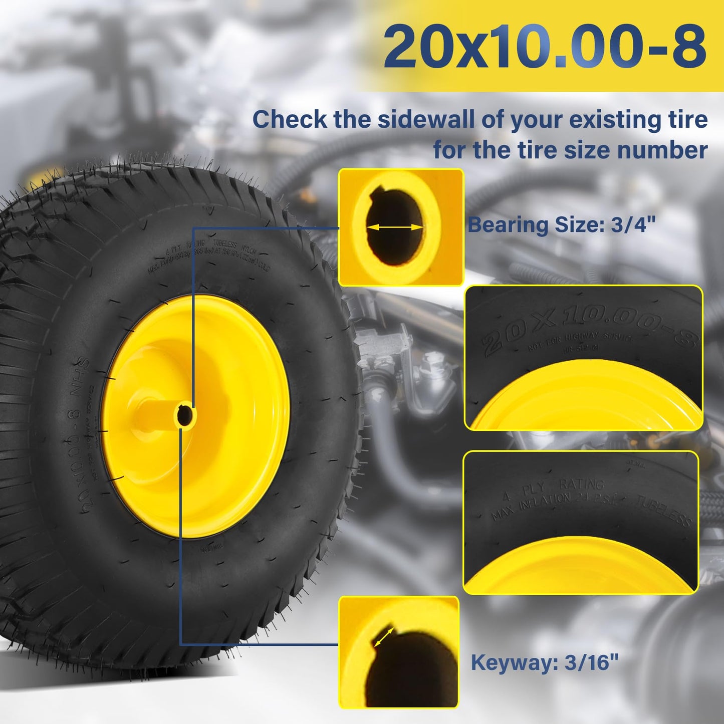 2Pcs 20x10.00-8 Lawn Mower Tires, Rear Tire and Wheel Assemblies for Riding Lawn Mowers, 4-Ply Tubeless Turf-Friendly Tires with 3/4" Borehole, 3.5" Offset Hub and 3/16" Keyway, 1190LBS Load Capacity