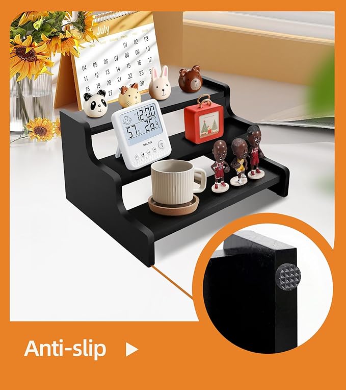 3 Tier Display Risers, Wooden Cologne Organizer for Men, Perfume Organizer Stand, Cologne Stand with Anti-Slip Washers, Wooden Display Shelf Stand for Dessert, Cupcake, Figure and Collection, Black, 3-tier-9.4in
