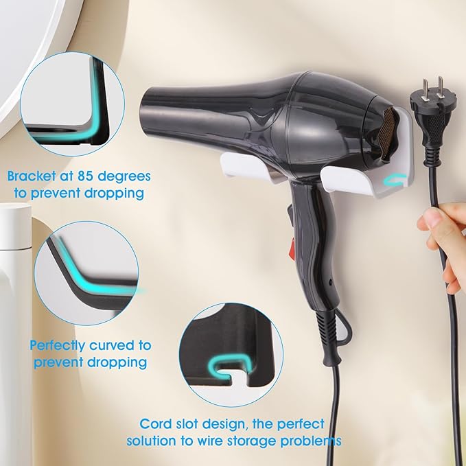 2Pcs Universal Hair Dryer Holder, Blow Dryer Holder with Cord Storage, Hair Dryer Holder Wall Mounted, Bathroom Hair Tool Organizer for Dyson, Stable Easy To Install (Get 2 Styles)