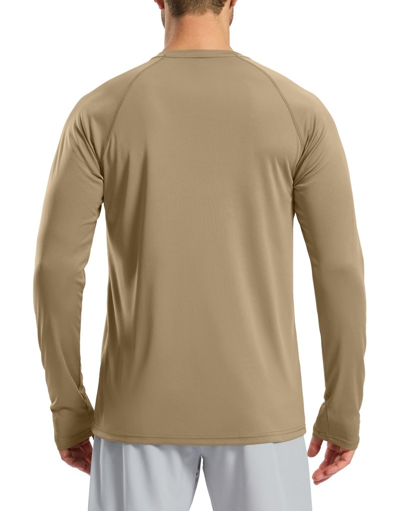 Pudolla Mens Long Sleeve Running Shirts Quick Dry SPF Rash Guard Lightweight Hiking Workout Sun Protection Tee(Khaki L)