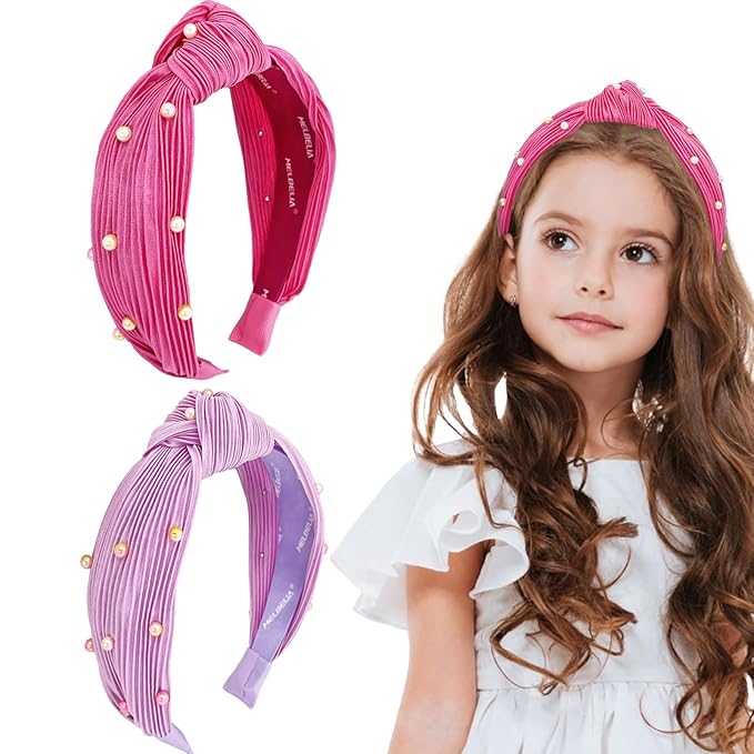 Knotted Headbands for Girls Non Slip Girl Pearl Headband Wide Top Knot Head Bands Mommy and Me Fashion Hairband Womens Turban Hair Accessories(Rose red & Purple,2Pcs)