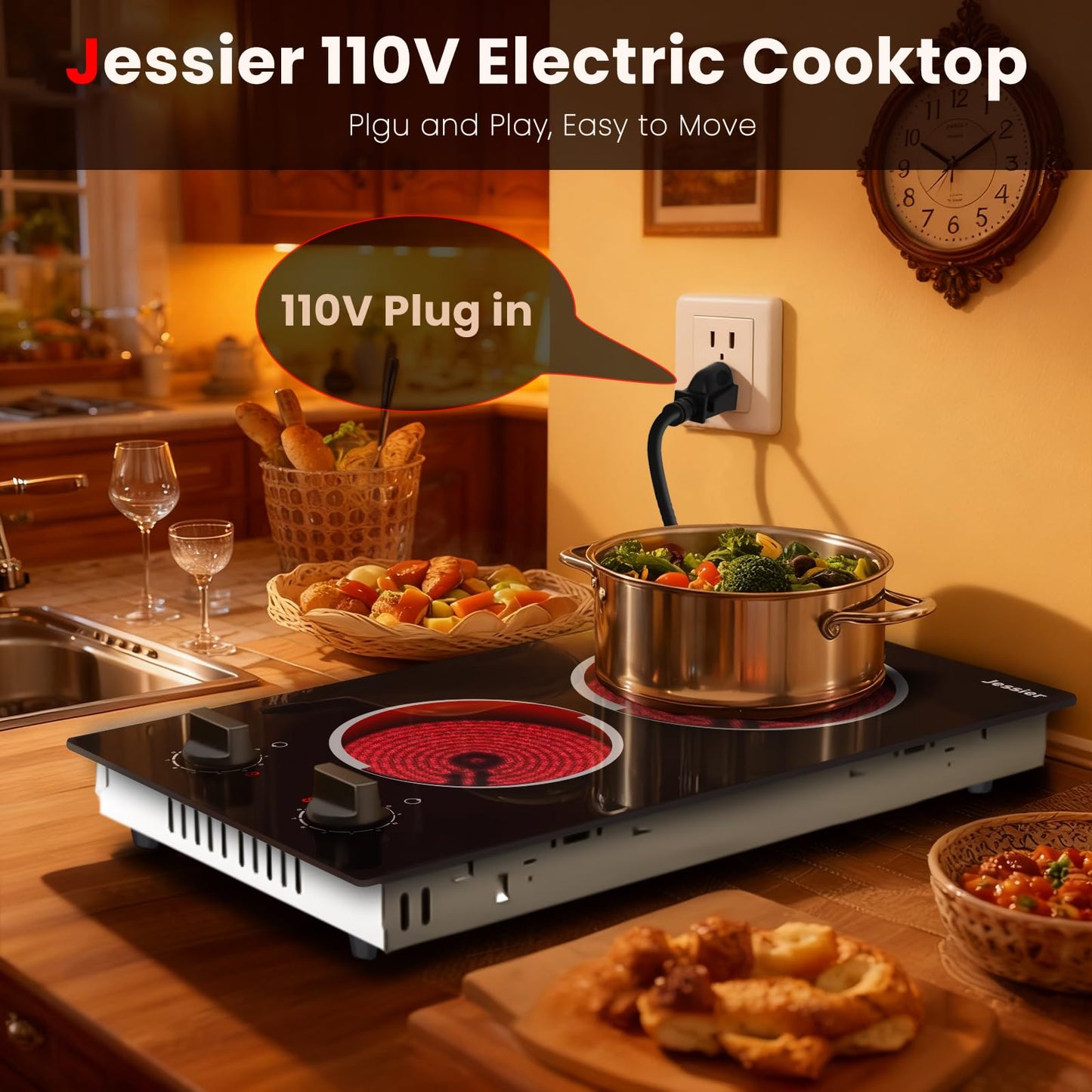 Jessier 2 Burner Electric Cooktop - 12 Inch Plug in Portable 110V Electric Cook Top Two Burner, Built-in & Countertop Ceramic Stove Top with Knob Control, 9 Power Levels and Overheat Protection