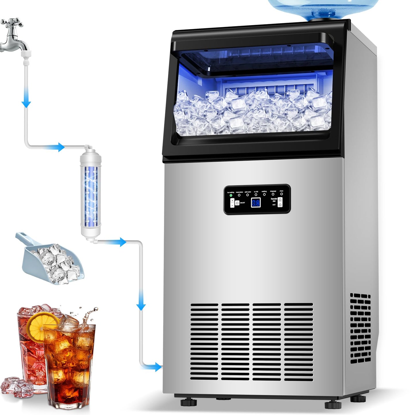Bibrsa Commercial Ice Maker 120LBS/24H, Dual Water Inlet, Under Counter Ice Maker with 22LBS Storage Capacity, 45 Cubes, Stainless Steel Ice Machine, for School, Home, Restaurant, Bar, RV