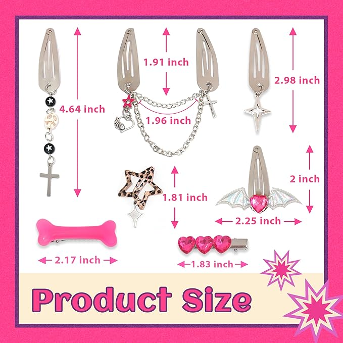 10PCS Y2K Hair Clips Hot Pink Cute Hair Snap Clips Punk Cross Alligator Clip Kawaii Leopard Star Accessories for Women Girls