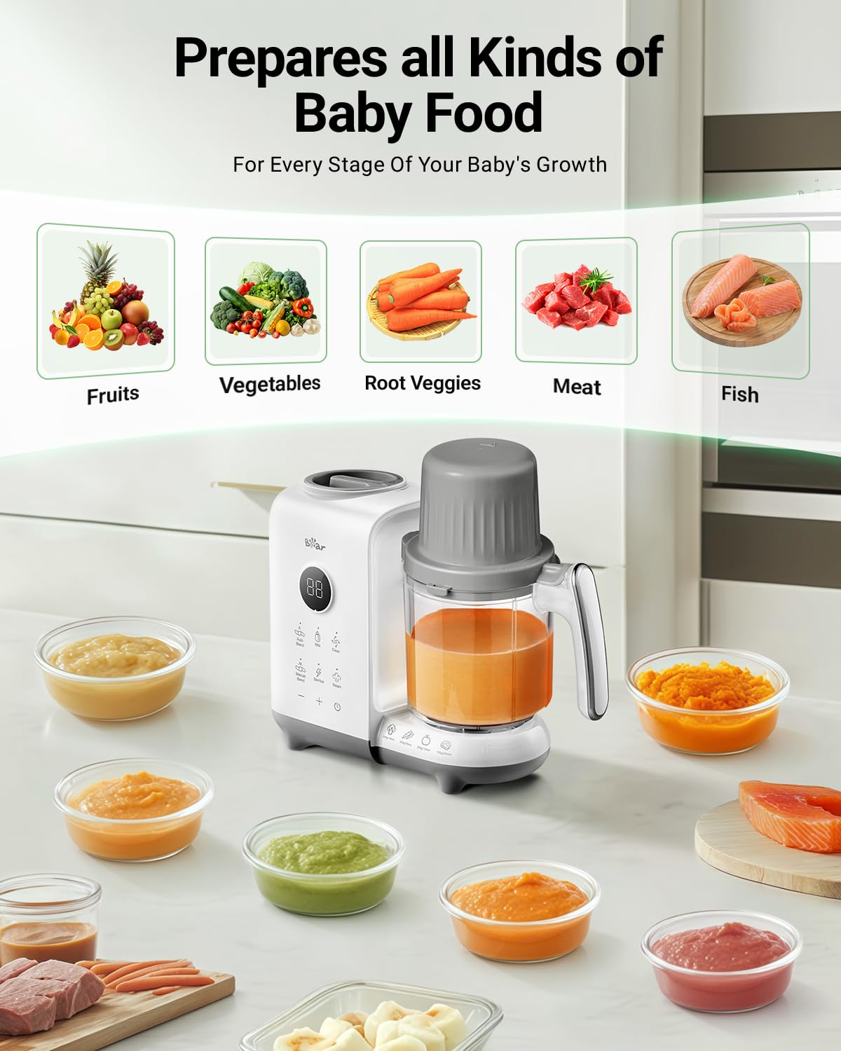 Bear Baby Food Maker with 18.5oz Dual-Layer Steam Baskets, OneStep Baby Food Processor Steamer Puree Blender Grinder Mills, Auto Cooking Grinding&Sterili-zing for Healthy Homemade Baby Food, BPA-Free
