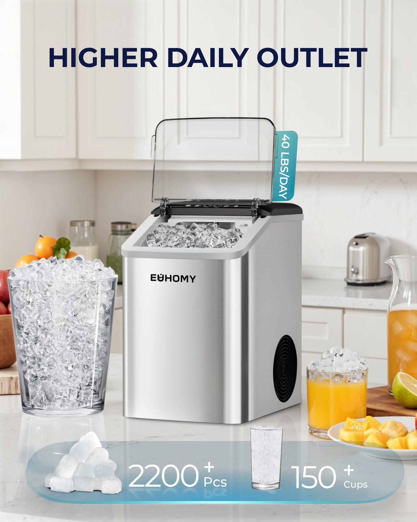 EUHOMY Nugget Ice Maker Countertop, Max 40lbs/Day, Auto-Cleaning, 2Qt Reservoir, Compact Sonic Ice Maker with 2.5lbs Basket and Scoop, Soft Chewable Nugget Ice for Home/Party/RV/Camping (Stainless)