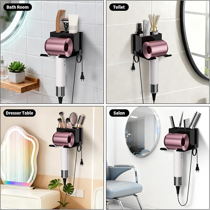 YSD Hair Dryer Holder Wall Mounted, Hair Tool Organizer, Blow Dryer Hanger for Dryer Hook, Bathroom Space-Saving Blow Dryer Organizer, Black Curling Irons Storage