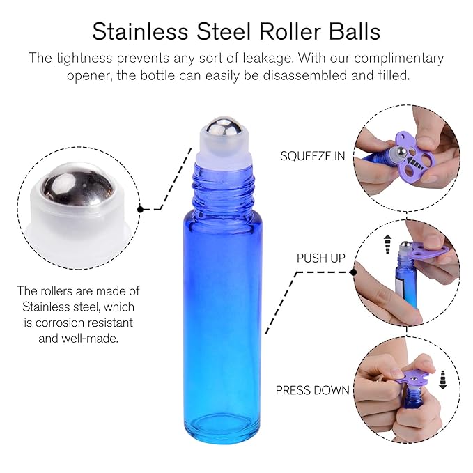 PrettyCare 24 Pack, 10 ml Essential Oil Roller Bottles with Stainless Steel Roller Ball - Refillable Leak-proof Empty Thick Rainbow Glass Roll on Bottles with Metal Caps for Travel, Perfume
