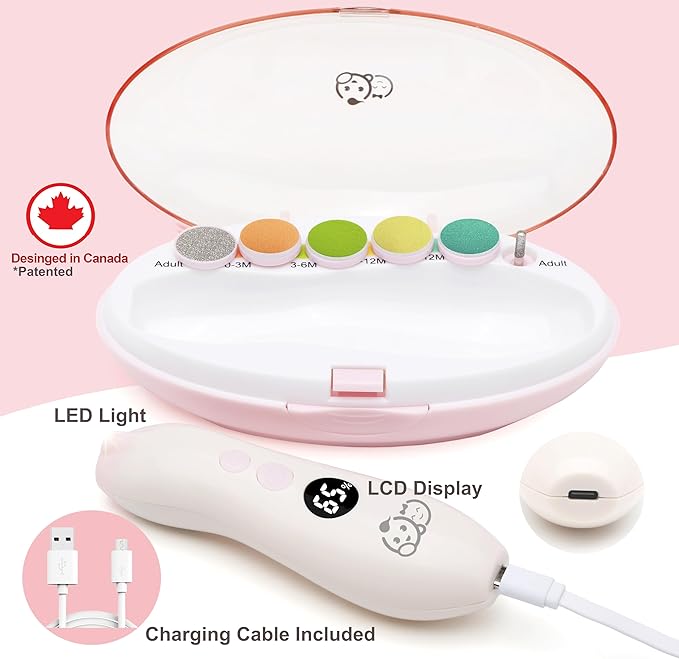 Royal Angels Rechargeable 22 in 1 Baby Nail Trimmer with LCD Display, Labeled Case, 13 Extra Pads, Safe Quiet LED Light Electric Baby Nail File Kit for Newborns Toddlers (WhitePink)