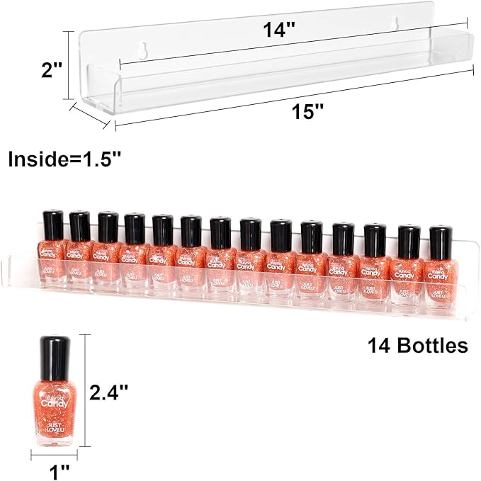 15" Acrylic 6 Shelves Nail Polish Wall Mounted Holder Paint Organizer Storage Rack Clear Hanging Nail Polish Shelf Floating Wall Mount Nursery Bookshelves Vinyl Display Record Holder.