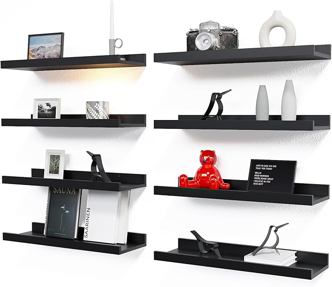 RICHER HOUSE 8 Set Black Floating Wall Mounted Shelves, Nursery Hanging Book Shelves with Lip for Storage, Black Display Picture Ledge Shelf for Bedroom Bathroom Kitchen Living Room Wall Decor