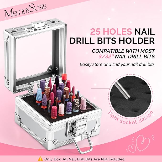 MelodySusie Nail Drill Bits Holder, 25 Holes Case, Portable Dustproof Displayer Organizer Container, Nail Tech Professional Nail Art Tool, Travel Salon Home, Silver (Drill Bits Not Included)