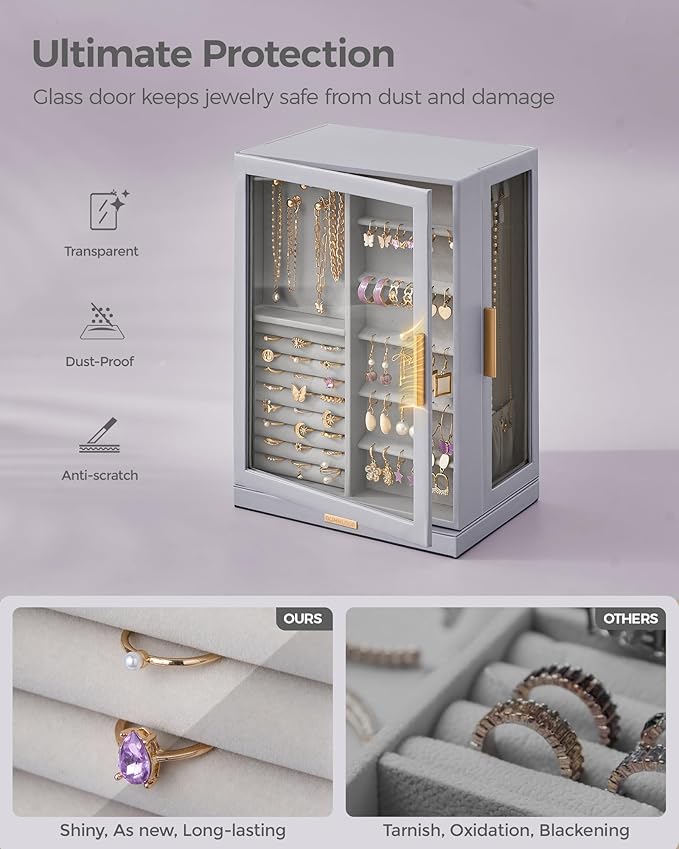 Glimmloop 360ÃÂ° Rotating Jewelry Box with 7 Drawers, Spacious Vertical Jewelry Organizer with Glass Window, Jewelry Storage Case, Dustproof & Moisture-resistant Design, Grey