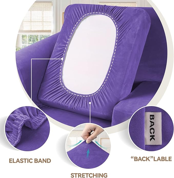 WEERRW 4 Pieces Velvet High Stretch Couch Covers for 3 Cushion Couch Sofa Slipcovers, Washable Furniture Protector with Non Slip Elastic Bottom, Feature Soft and Thick Plush Fabric, Purple, Large
