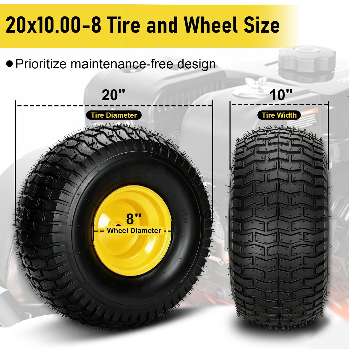 2Pcs 20x10.00-8 Lawn Mower Tires, Rear Tire and Wheel Assemblies for Riding Lawn Mowers, 4-Ply Tubeless Turf-Friendly Tires with 3/4" Borehole, 3.5" Offset Hub and 3/16" Keyway, 1190LBS Load Capacity