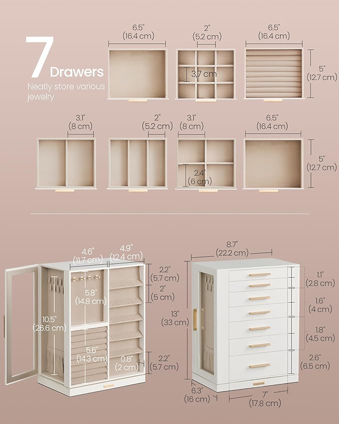 SONGMICS Jewelry Box 360° Rotating, Jewelry Storage Case with 7 Drawers, Jewelry Organizer, Glass Window, Spacious, Vertical Jewelry Storage, Open Design, Great Gift, Cloud White UJBC201W01