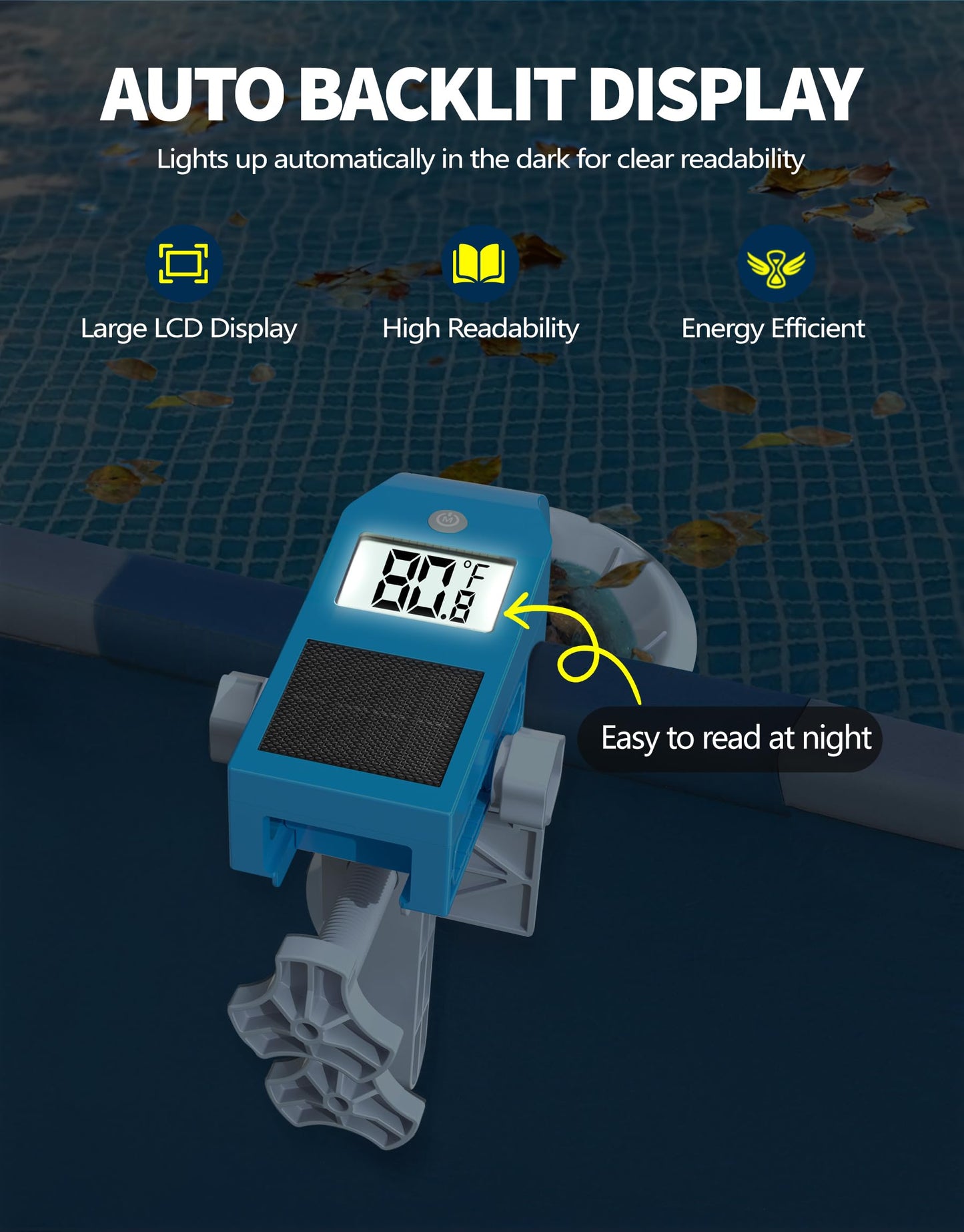 BluSwim Above Ground Pool Skimmer with Solar Digital Thermometer | Wall Mount Surface Skimmer - Auto Skimming Pool Floating Debris | 2 Upgraded Bracket - More Stable & Height Adjustable