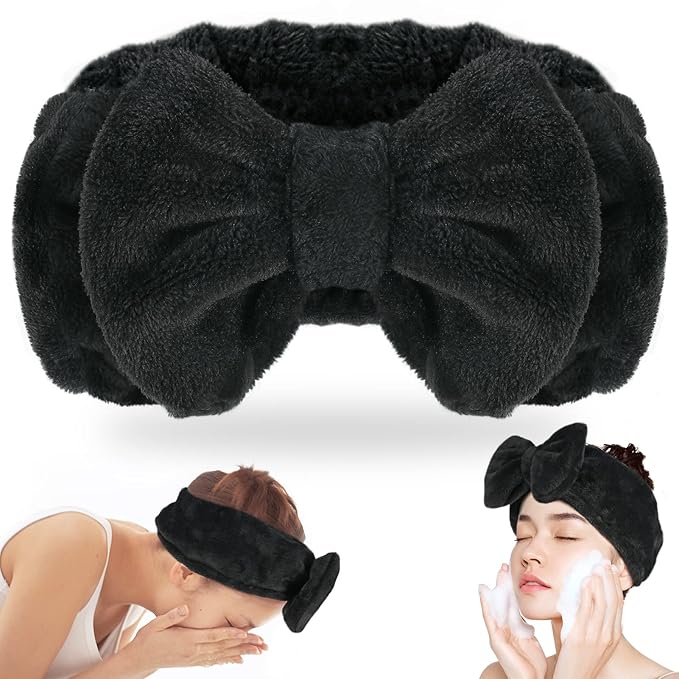 Shintop Spa Headband, Soft Carol Fleece Makeup Headband with Cute Bow Elastic Hairband for Washing Face Skincare Facial Mask ShowersÃ¯Â¼ÂBlackÃ¯Â¼Â