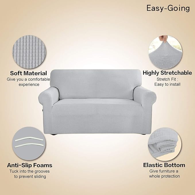 Easy-Going Stretch 4 Seater Sofa Slipcover 1-Piece Sofa Cover Furniture Protector Couch Soft with Elastic Bottom for Kids, Polyester Spandex Jacquard Fabric Small Checks Silver Gray