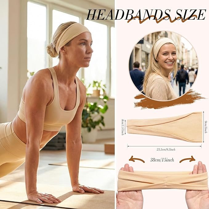 obeoby Wide Sport Headbands, 8 Pack Stretchy Headbands for Yoga Running Simple Solid Color Head Bands for Fitness Enthusiasts