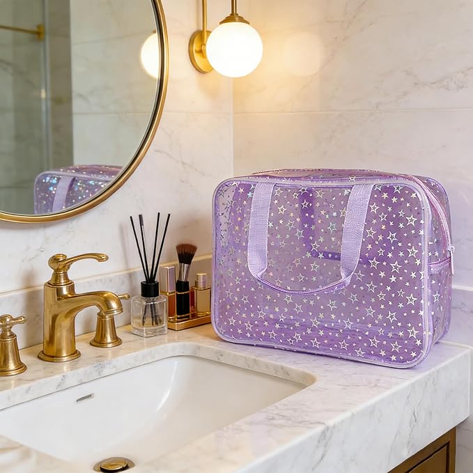 Clear Star Large Cosmetic Bag and Travel Pouch with Handle,Durable Material,Zipper Design-Ideal for Makeup,Travel Essentials (Purple+Shiny Star)