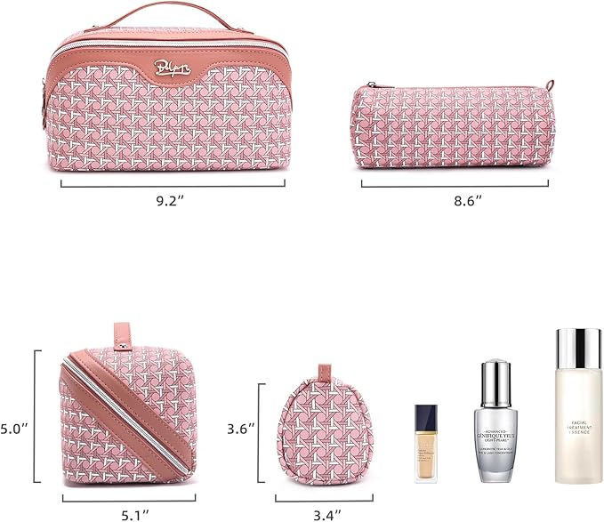 BOYATU Travel Makeup Bag Cosmetic Bags for Women: Large Capacity 3 Pcs Set Make up Bag with Compartments - Waterproof Vegan Leather Toiletry Organizer Bags with Handle (M-79Pink)