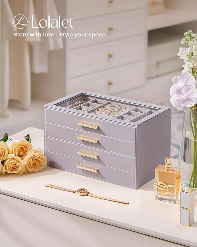 Lolalet Jewelry Box Organizer, 4-Layer Jewelry Organizers and Storage Case with Glass Lid, Ring Earring Bracelet Necklace Holder Organizer, Birthday Valentine Gifts for Women Girls -4Layer, HazePurple
