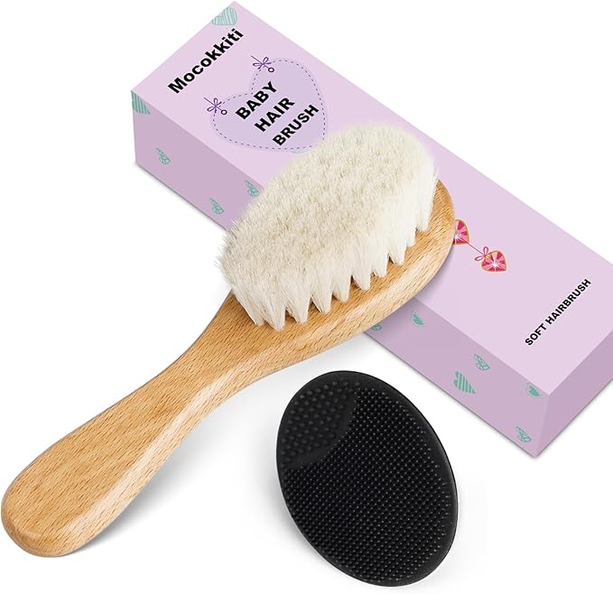Baby Hair Brush, Mocokkiti Goat Bristles Brush and Baby Cradle Cap Brush Set for Cradle Cap Wood Bristle Brush for Newborns and Toddlers 2PCS