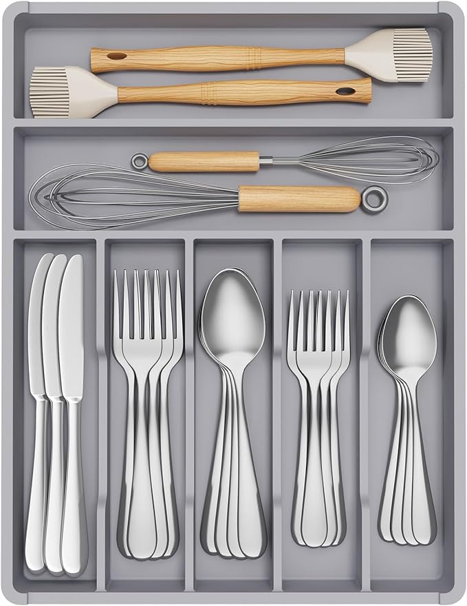 Lifewit Silverware Drawer Organizer Tray, Plastic Cutlery Storage for Kitchen, Flatware and Utensil Holder Divider for Spoons Forks Knives Tableware, 12.3 x 16", 7 Slots, Gray