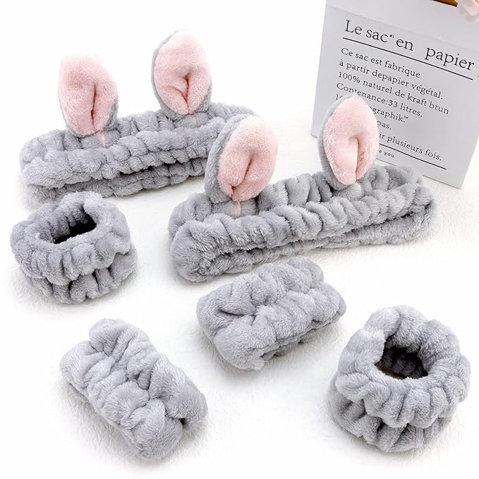 YISSION Cute Bunny Ear Spa Headband and Wristband Set for Women and Girls - Soft Plush Makeup Headband with Wrist Towels for Face Washing, Skincare, Shower, Easter Party Favors (Gray)