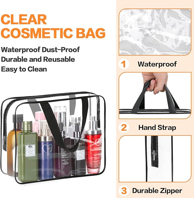 HAOGUAGUA 2-Piece Large Clear Makeup Cosmetic Organizer Bag, Plastic Tote Bags, Waterproof Transparent Handbag Purse