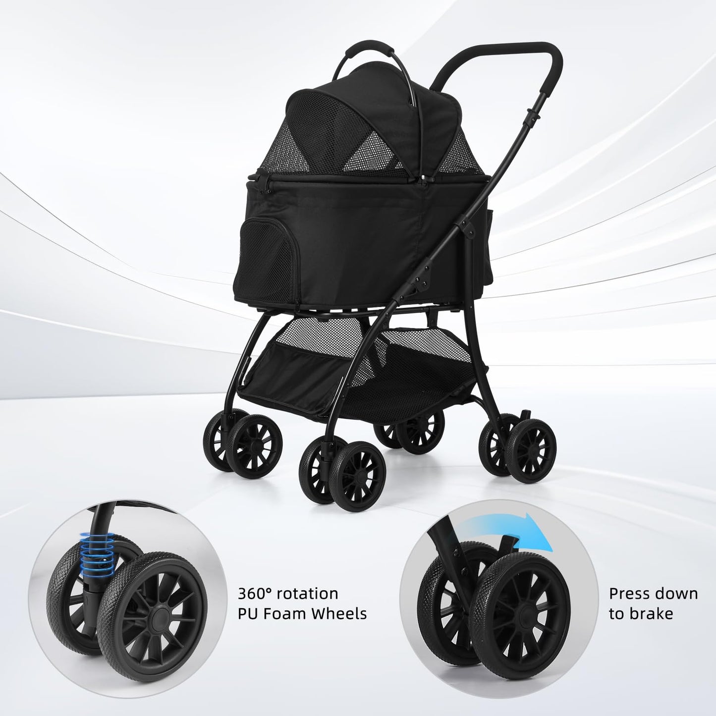 COOLCRAB Pet Stroller Quickly Folds for Easy Storage Cat Stroller with Detachable Carrier Thickened Oxford Cloth Breathable Basket Dog Strollers for Small Dogs (Grey)