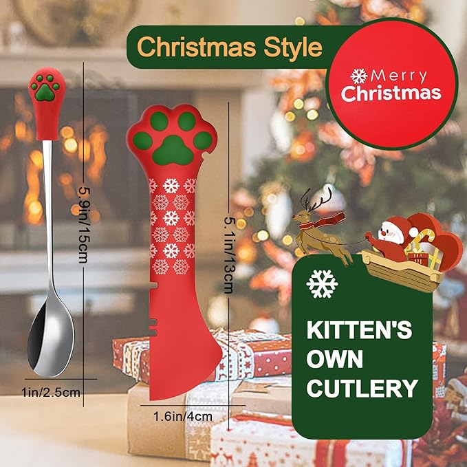 SJANE 4 Pcs Christmas Style Cat Food Can Spoon & Can Covers | Cute Paw Silicone Pet Food Tin Opener Spatula & Lids | Stainless Steel Wet Foodstuff Spoon for Cats and Dogs(Christmas Red)