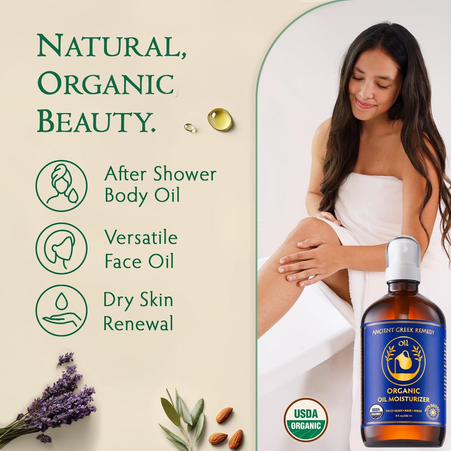 Ancient Greek Remedy Body Oil 8 oz - Organic After Shower Face Oil & Body Moisturizer for Dry Skin - Almond, Jojoba, Olive, Lavender, Vitamin E Oils - Natural Clean Facial Skincare for Women & Men