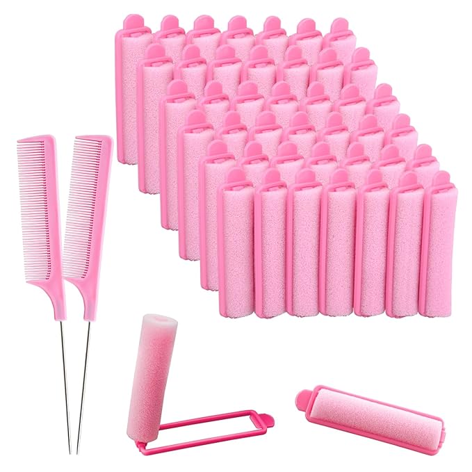 44 Pcs Foam Sponge Hair Rollers Set 0.59 Inch Flexible Hair Styling Sponge Curler Soft Sleeping Hair Curlers and Stainless Steel Rat Tail Comb Pintail for Hairdressing Styling(Pink)