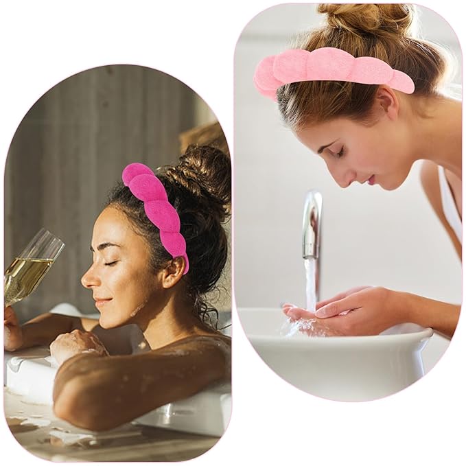 AMCAMI Puffy Spa Headband for Women Sponge Headbands for Girls 2 PCS Terry Towel Cloth Fabric Head Band for Skincare,Makeup Removal,Face Washing,Facial Mask,Shower,Hair Accessories（Red&Light Pink）