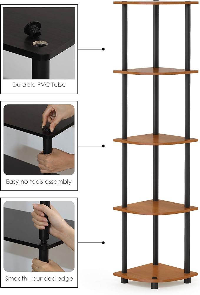 Furinno TURN-N-TUBE Corner Shelf, 5-Tier Corner Bookshelf, Open Storage Shelves, for Organization and Storage, Living Room, Home Office, Garage, Bedroom, Light Cherry