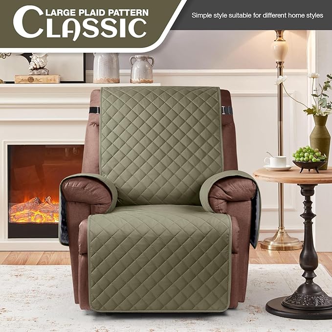 KinCam 100% Waterproof Recliner Chair Cover, Reclining Couch Covers for Pets, Dogs, Recliner Couch Slipcover Furniture Protector with Elastic Straps for Kids(23.6", Gray Green)