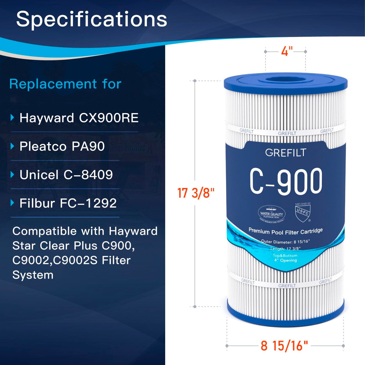 Grefilt C900 Pool Filter Cartridge, Compatible with Hayward C900, CX900RE, Replaces Pleatco PA90, Unicel C-8409, Filbur FC-1292, Sta-Rite PXC95, 90 sq.ft, Size: 17 3/8" x 8 15/16"